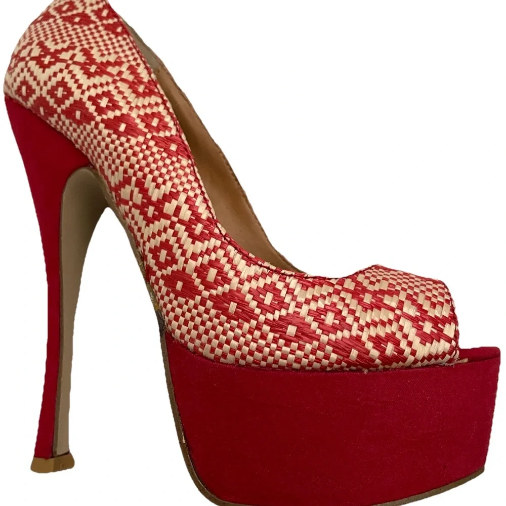 Shoe Dazzle Red and Cream Woven Platform Pumps with High Stiletto
